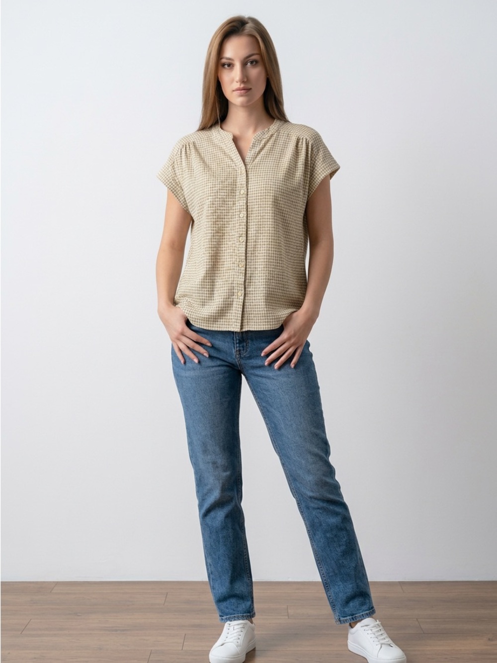 Beige Short Sleeve Button-Down Shirt - Women